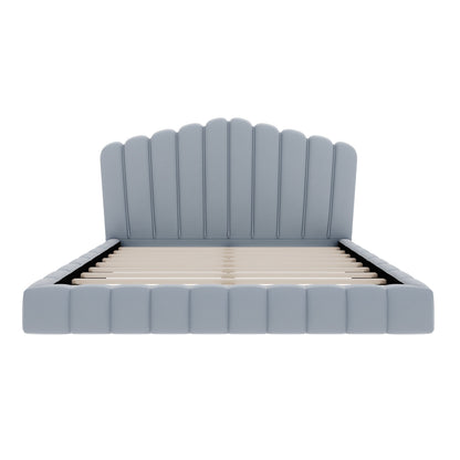 Velvet Upholstered Queen Bed Frame with Shell-Shaped Headboard, Light Blue