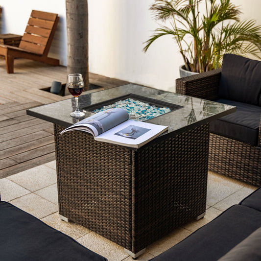 Espresso Square 30 Inch Propane Gas Fire Pit Table Tile Top Wicker Base