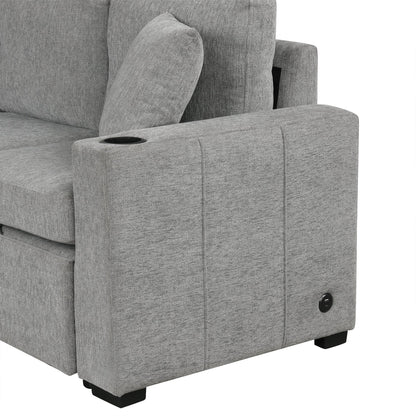 84" Sectional Sofa Convertible Pull-Out USB Gray