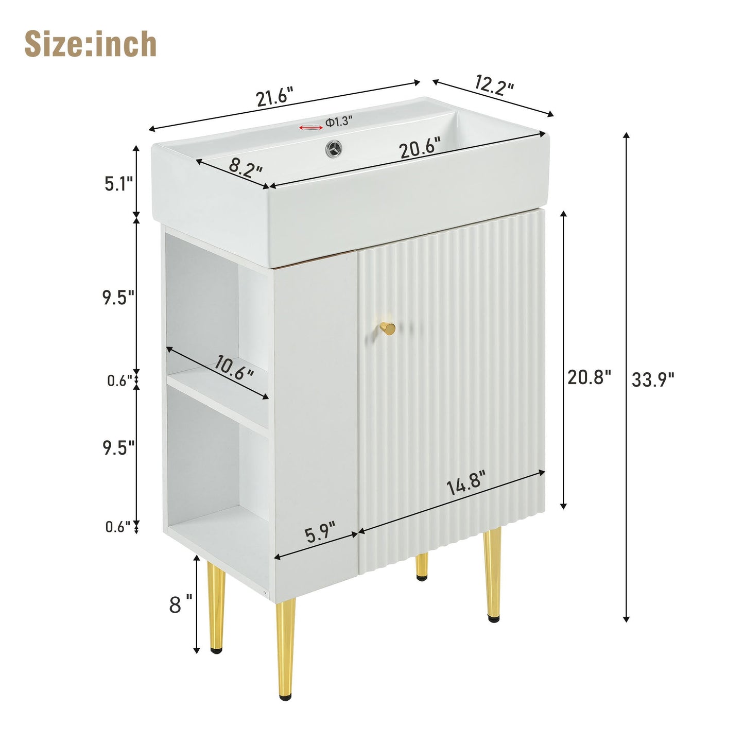 Amelia 21.6' Bathroom Vanity with Storage Cabinet, Single Ceramic Sink and Le...