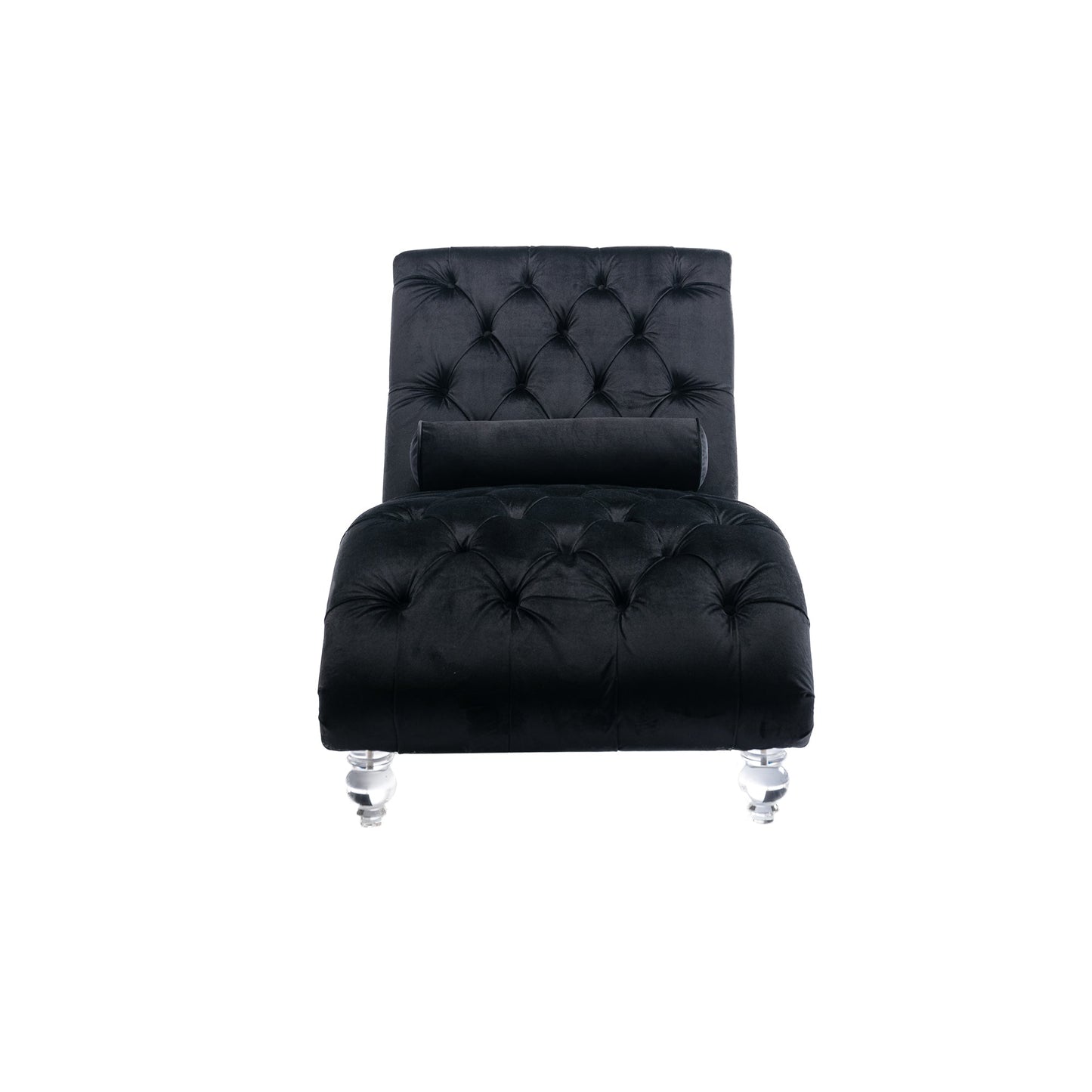 Velvet Chaise Lounge, Button-Tufted with Pillow, Black, 63.38x28.94x34.05 in