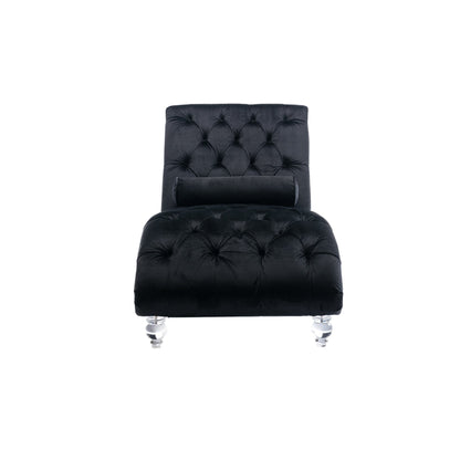Velvet Chaise Lounge, Button-Tufted with Pillow, Black, 63.38x28.94x34.05 in