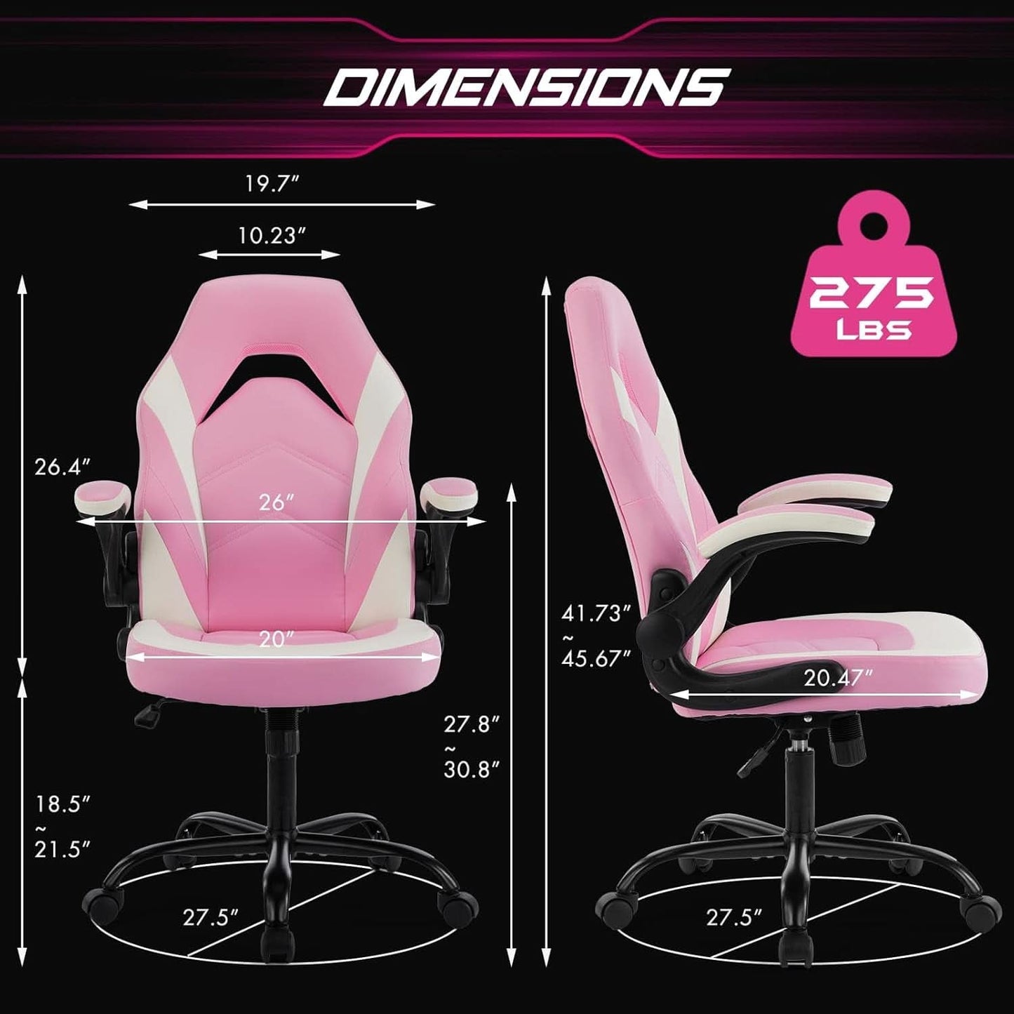 Pink Ergonomic Gaming Desk Chair With Adjustable Armrests