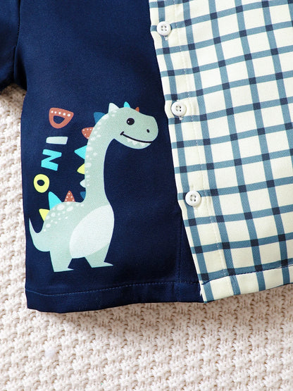 Children's Hat Dinosaur Plaid Button Up Top and Shorts 3-Piece Set