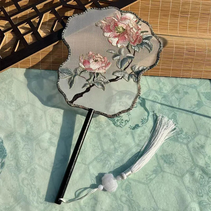 Ancient Style Fan Chinese Style Hanfu Dance Shooting Long Handled Embroidered Classical Double Sided Fan Female Decorative Fan