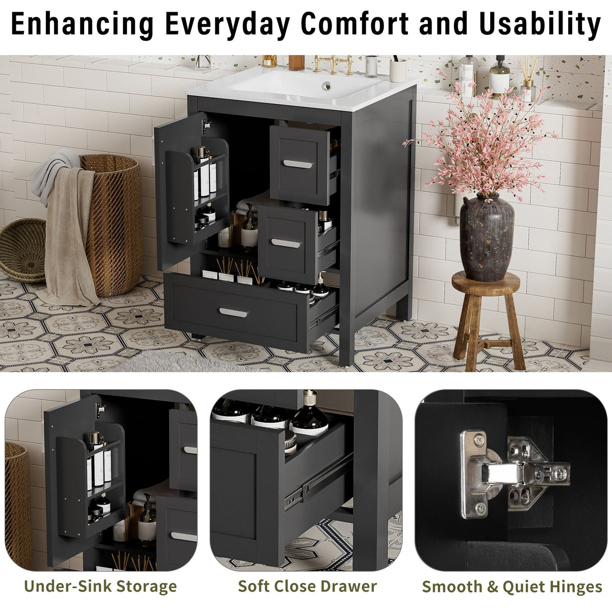 Bathroom Vanity With Sink, Soft-Close Doors, Double-Layer Shelf And 3 Drawers
