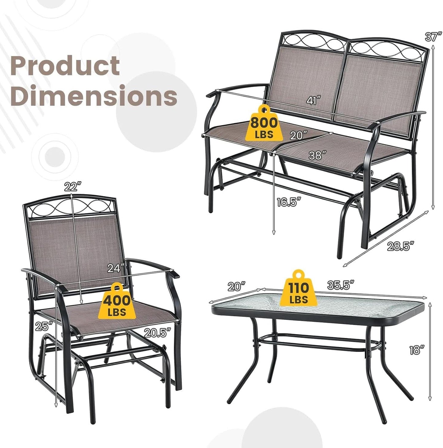 4 Piece Patio Glider Set With Gliding Loveseat Glass Table
