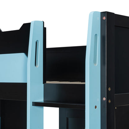 Full Size Wood Loft Bed with Desk, Multi-storage Shelves, USB and RGB Light