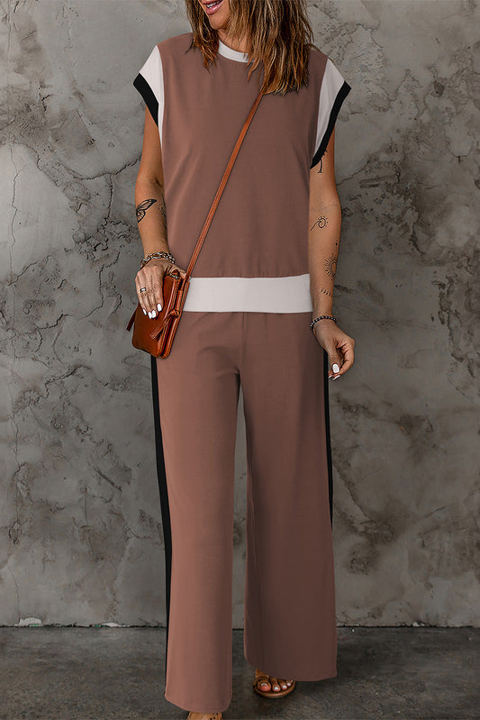 Polyester Two-Piece Set with Contrast Top & Pants