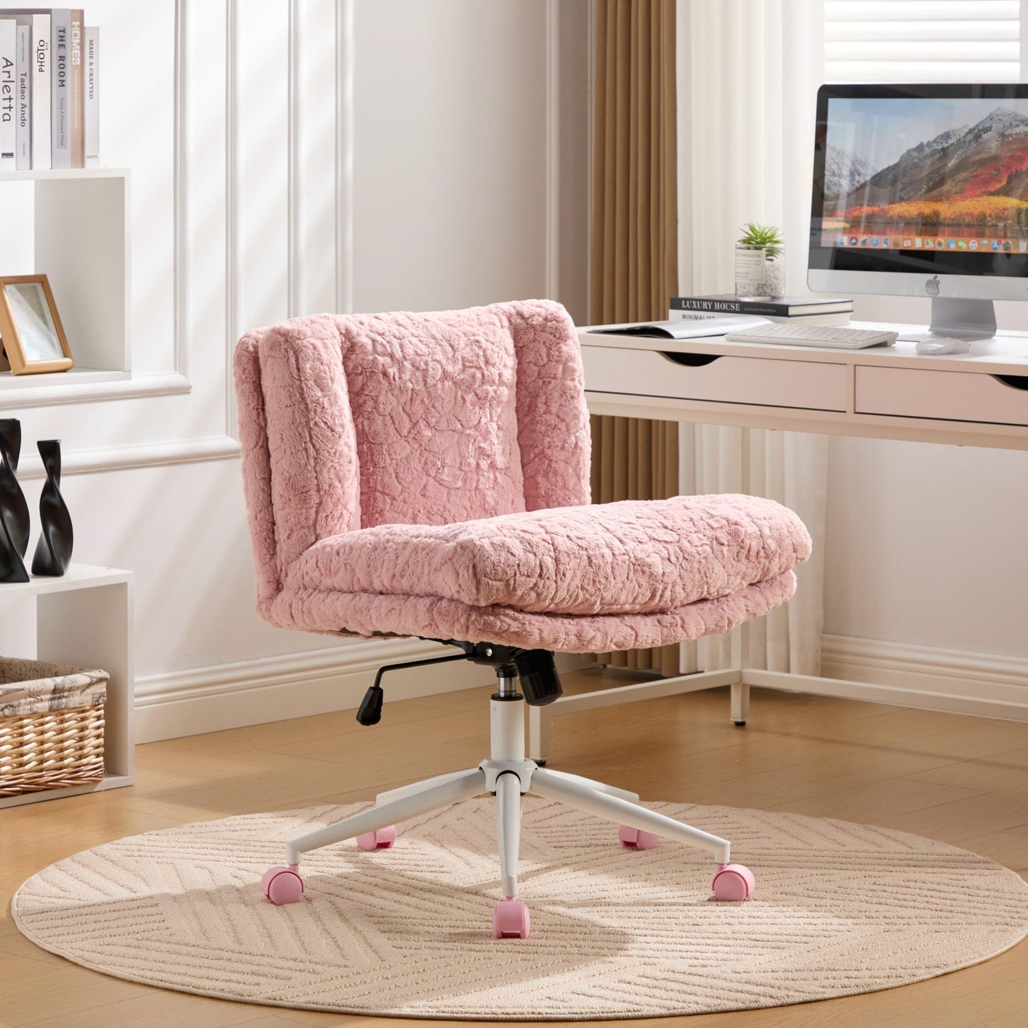 Swivel Chair Faux Alpaca Pink Wide 26.4 In Seat 360 Degree Height Adjust