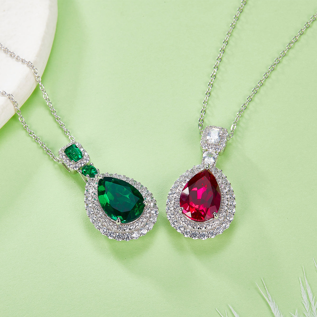 S925 Sterling Silver Lab-Grown Ruby Emerald Necklace, 13x9mm Pear Double Halo Pendant, Platinum Plated 40&45cm Chain, 5.8g Women's Gift Box