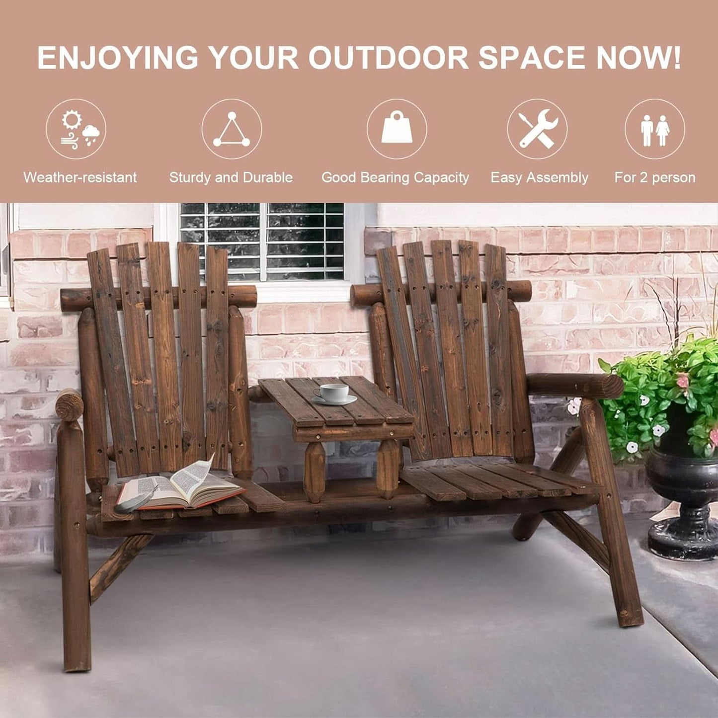 Two-Seat Wooden Adirondack Chair With Integrated Table