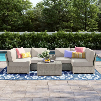 Outdoor Sofa Set HDPE Wicker Gray 8 Piece Aluminum Frame Seats 6