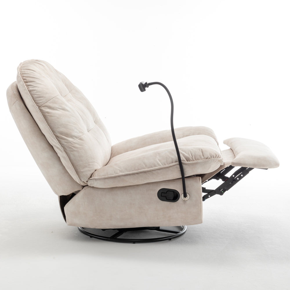 Ivory Gold-Stamped Velvet Recliner – Swivel Glider, 150° Recline & Detachable Phone Holder