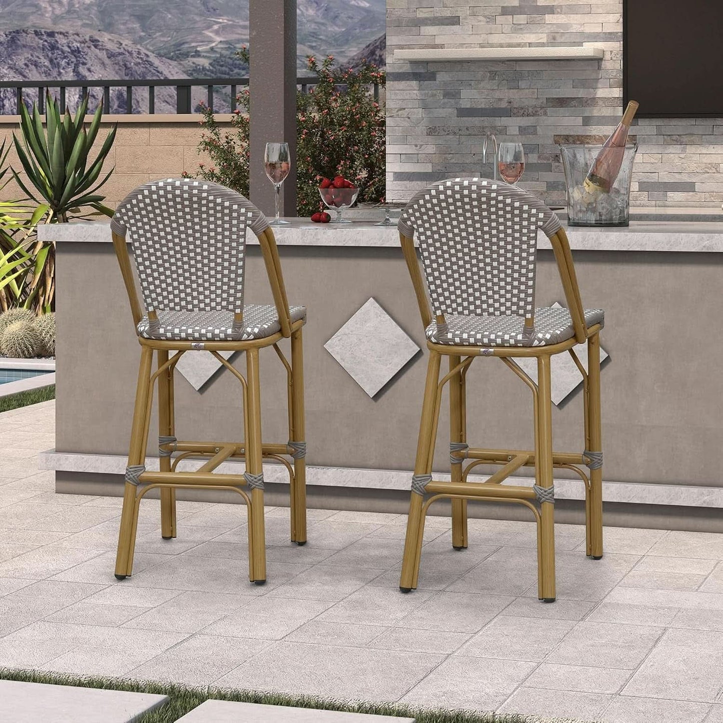 French Style Rattan Bar Stools Set for Outdoor Spaces