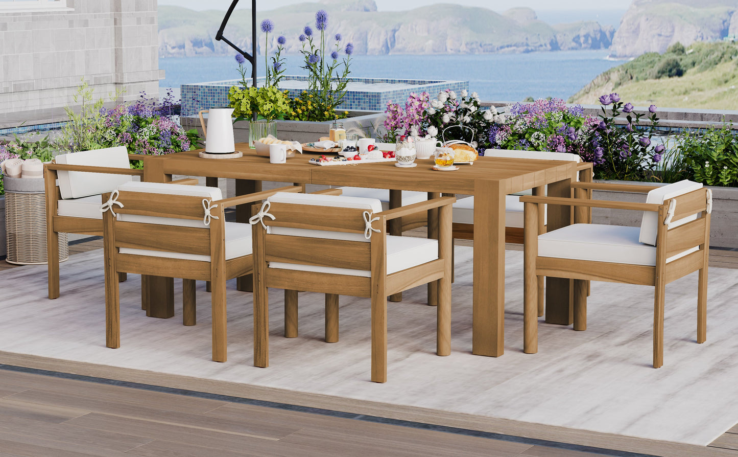 Outdoor Dining Set Acacia Wood Light Teak 7 Piece Rectangle Seats 6