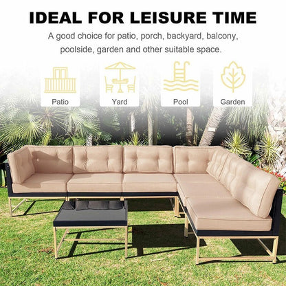 Outdoor Sectional Set Iron Frame Brown Beige 7 Piece Glass Table 106 In