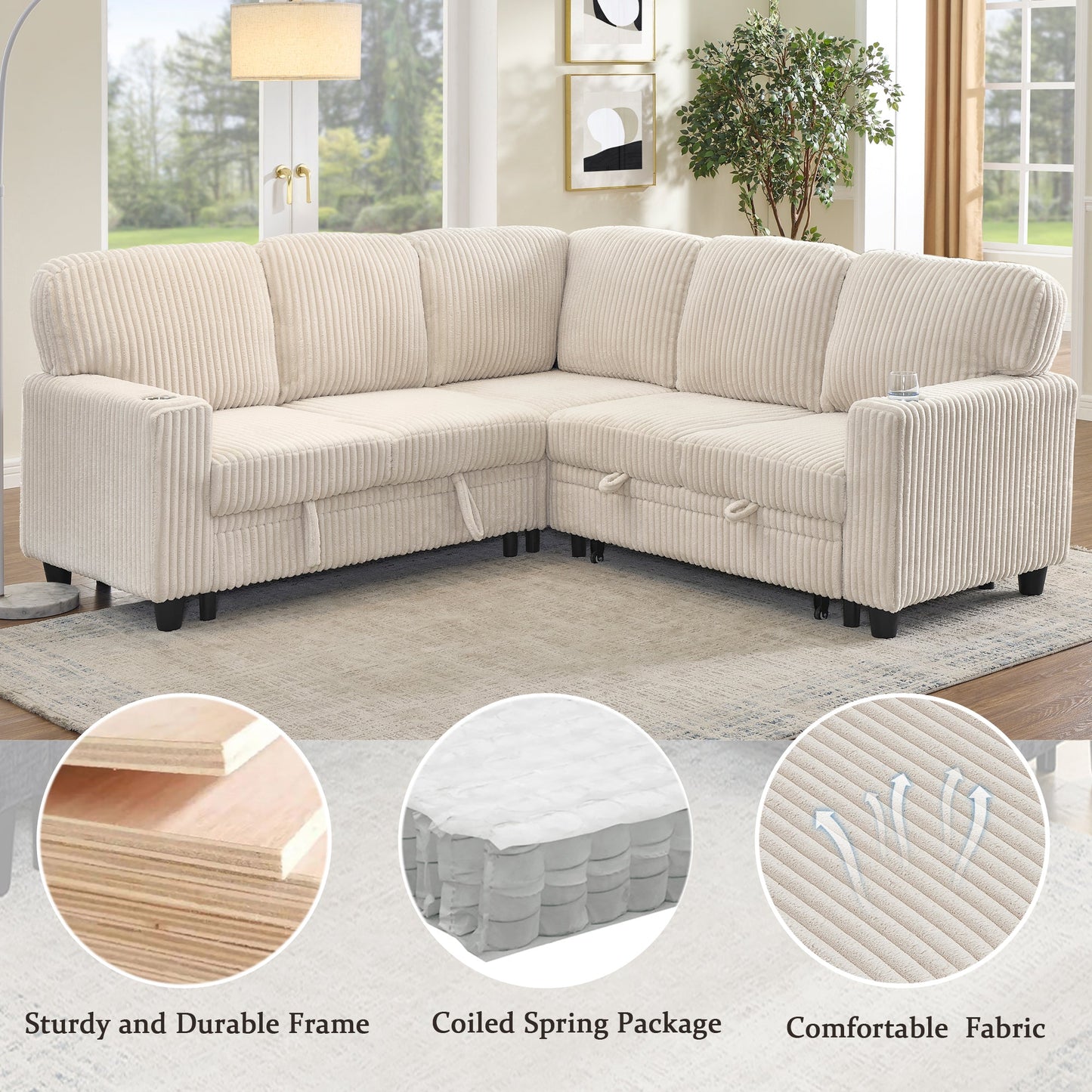 Sofa Bed L-Shape Corduroy Beige 5 Seat Pull-Out USB Ports 81 In
