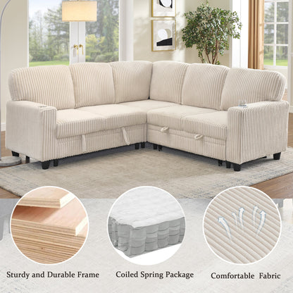 Sofa Bed L-Shape Corduroy Beige 5 Seat Pull-Out USB Ports 81 In