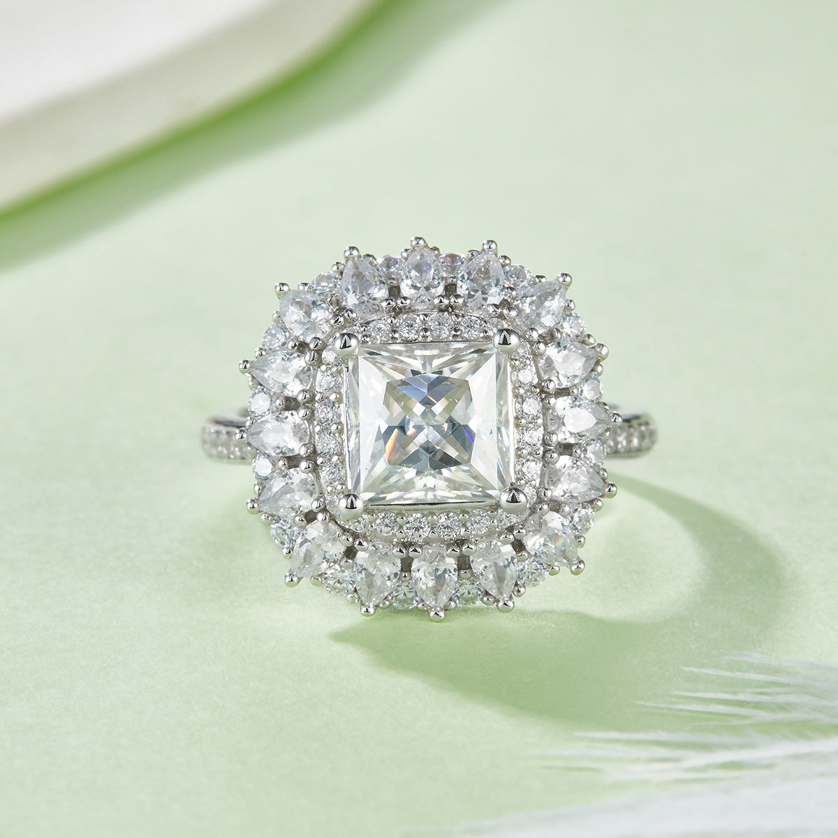 S925 Sterling Silver 2ct Princess Cut Moissanite Ring, D-VVS1 Double Halo Cluster, Platinum Plated 5.8g US Sizes 5-9, GRA Certificate Gift Box