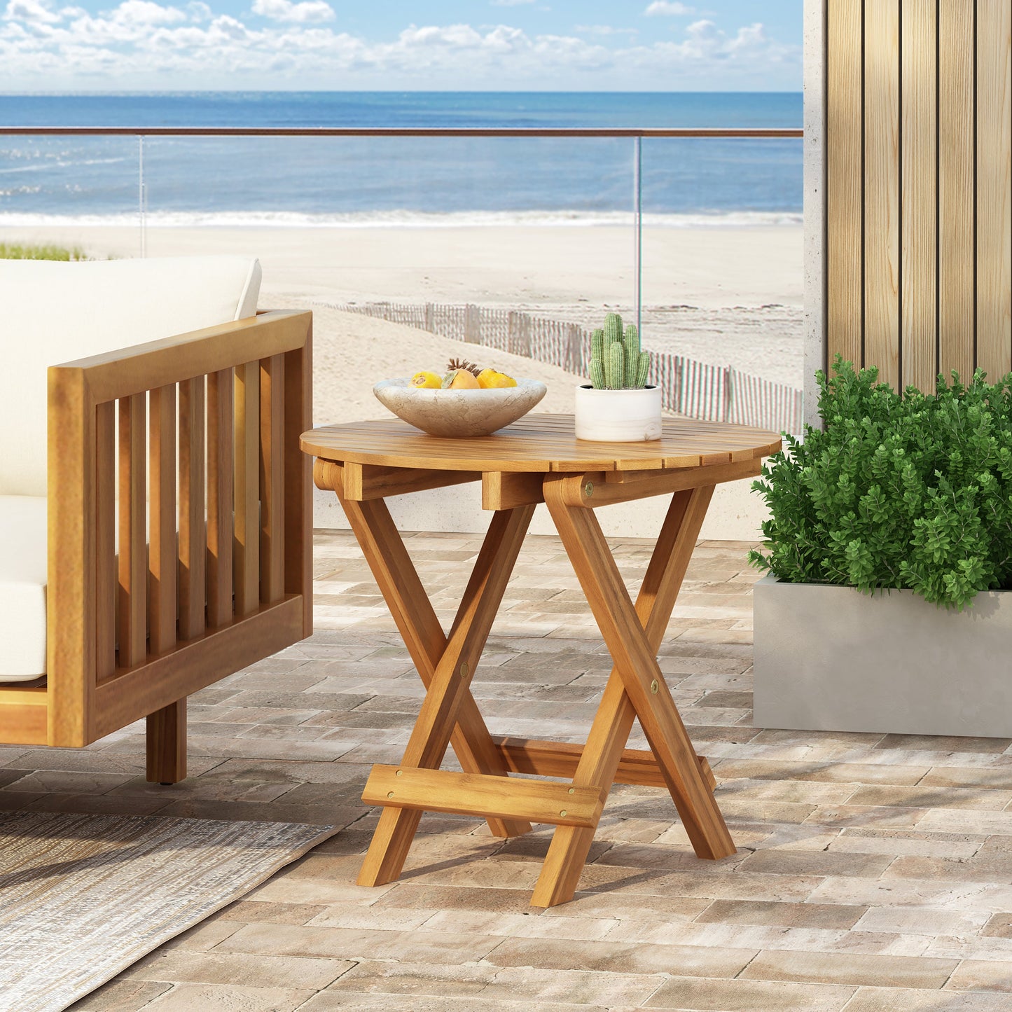 Outdoor Conversation Set Acacia Wood Teak Dark Gray Cushion 3 Piece