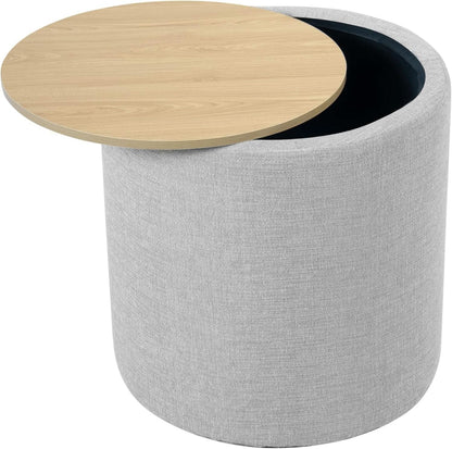 Storage Ottoman 18 Inch Wood Top Gray Textured Fabric