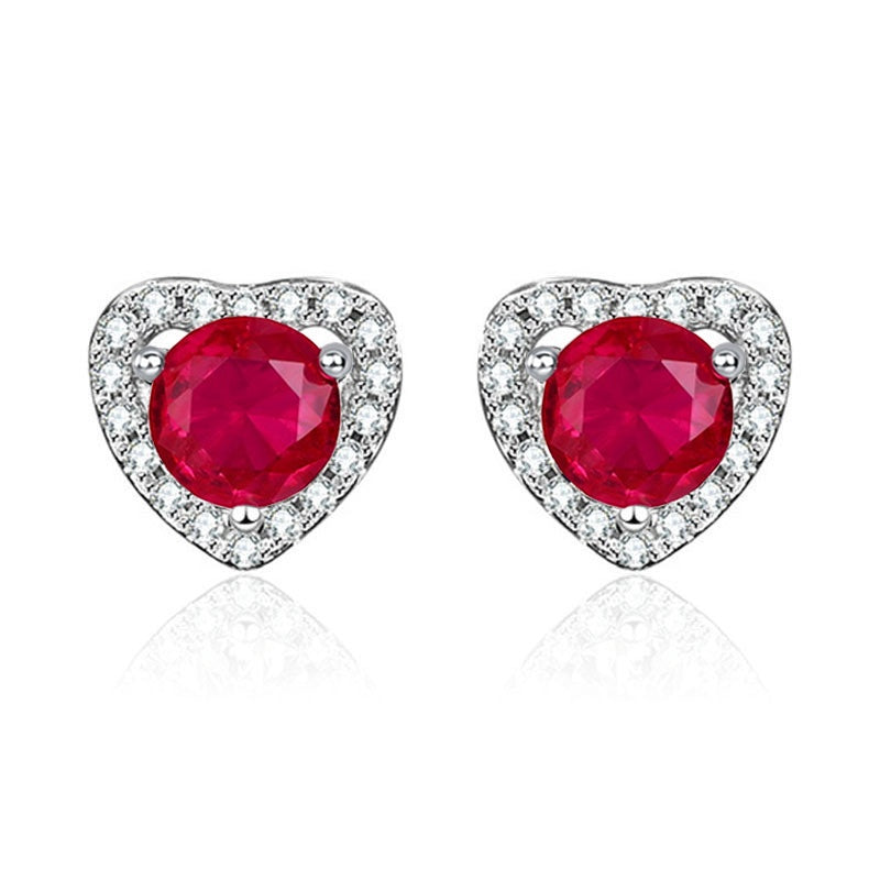 S925 Sterling Silver Heart Halo Stud Earrings, 5mm Lab-Grown Ruby Sapphire, Platinum Plated 1.5g, Women's Jewelry Gift Box