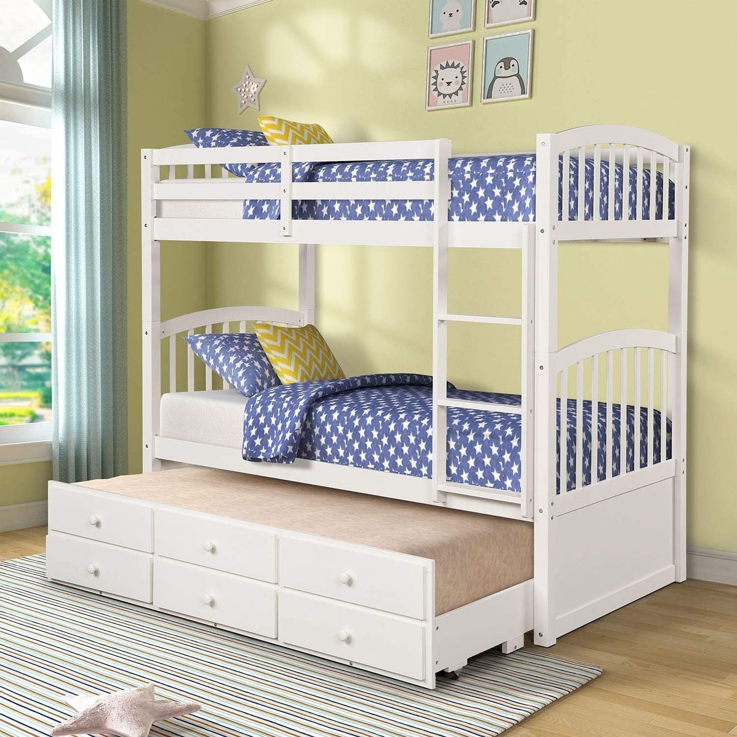 Twin Over Twin Bunk Bed With Trundle And Drawers White