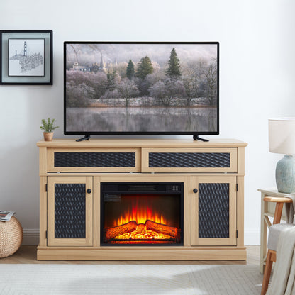 TV Stand Fireplace Light Oak MDF Embossed Doors 1400W Fits 65 In TV 58.27 In