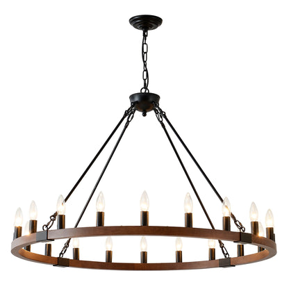 Chandelier Wood Wagon Wheel 20-Light Farmhouse Matte Black 39.3 In
