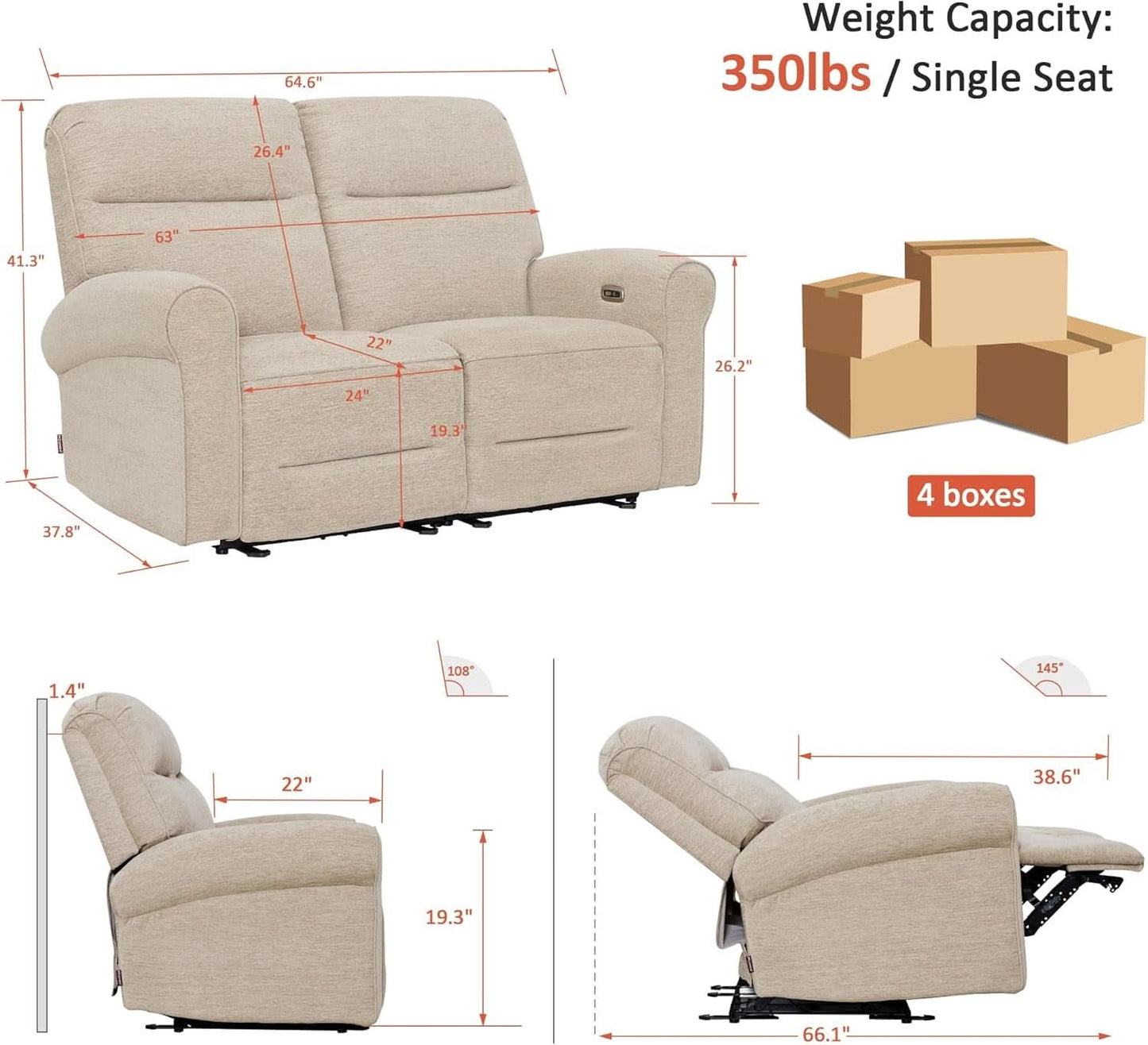 64.6 Inch Wall Hugging Auto Power Recline Loveseat