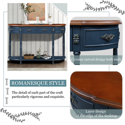 Retro Half-Moon Console Table with 2 Drawers & Open Shelf | 52" Curved Solid Wood Sofa Table — Navy Blue & Brown