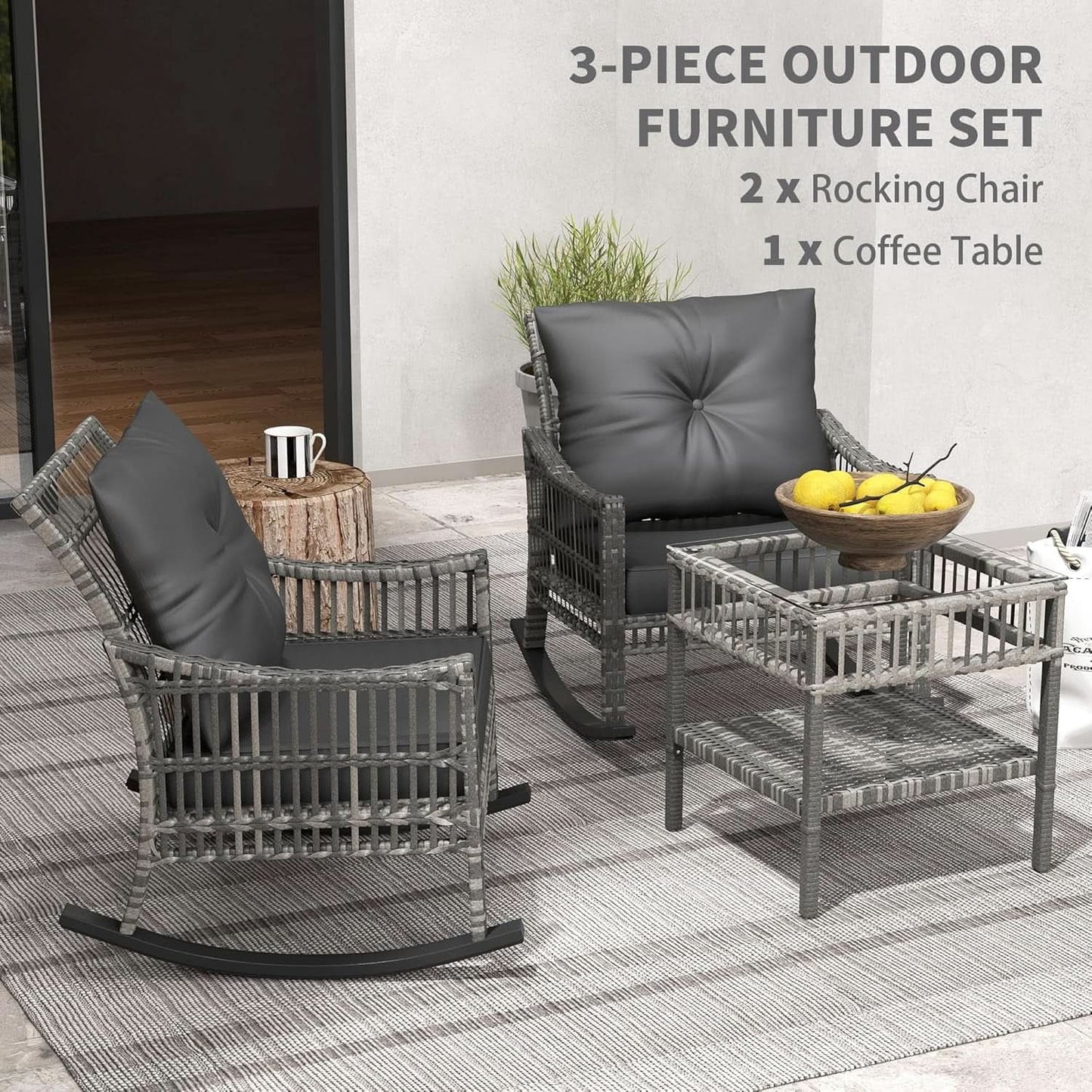 Wicker Outdoor Rocking Chair Set with Storage Table