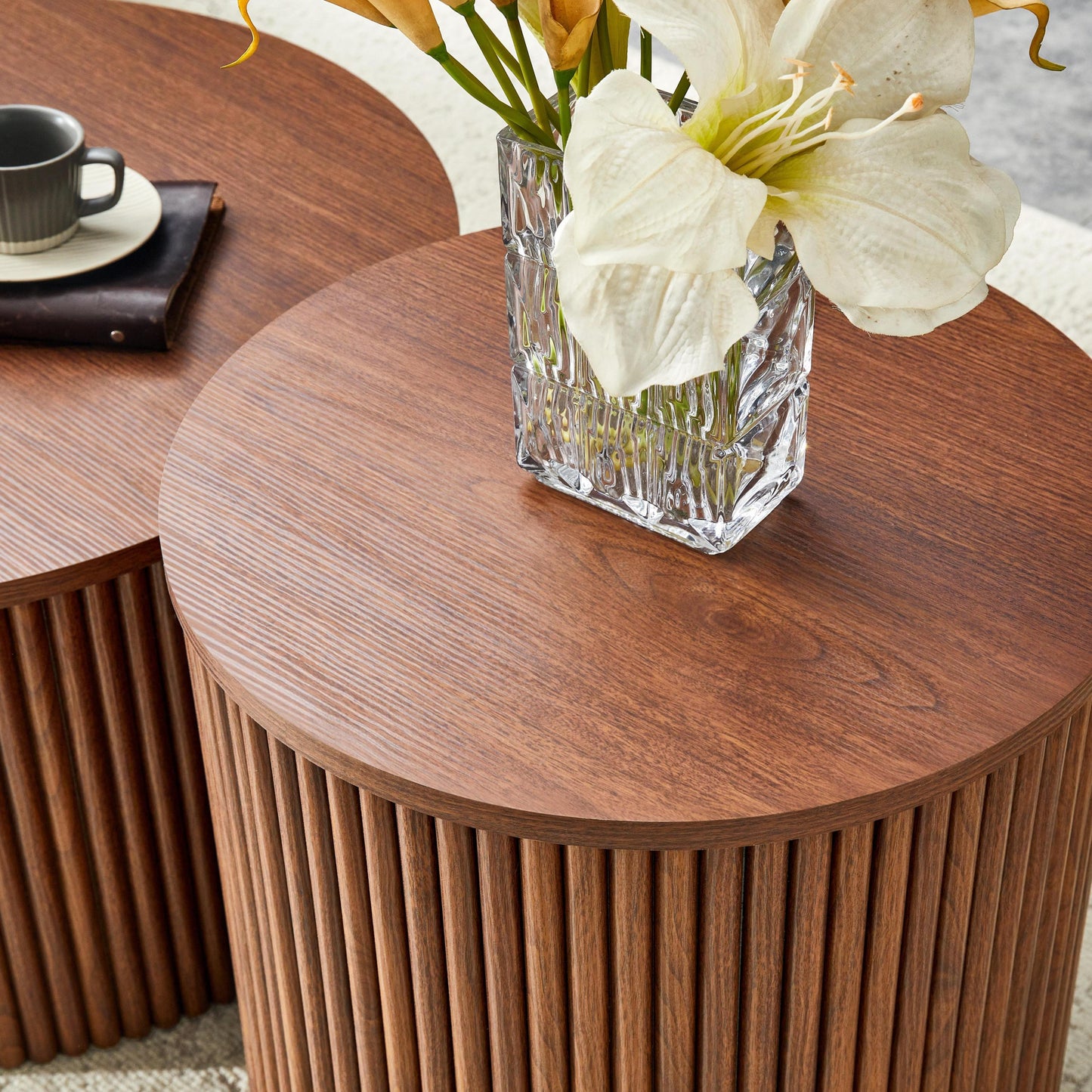 2-Piece Nesting Coffee Table Set, Roman Column MDF Round, Built-in Storage