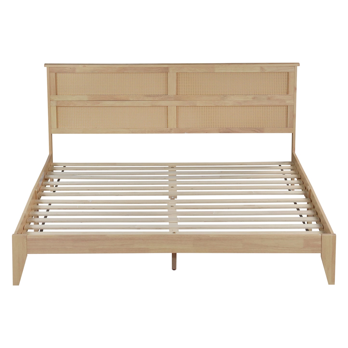 King Size Solid Wood Bed with Rattan Headboard, Rubber Wood Bed with Central