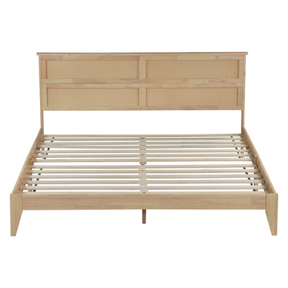 King Size Solid Wood Bed with Rattan Headboard, Rubber Wood Bed with Central