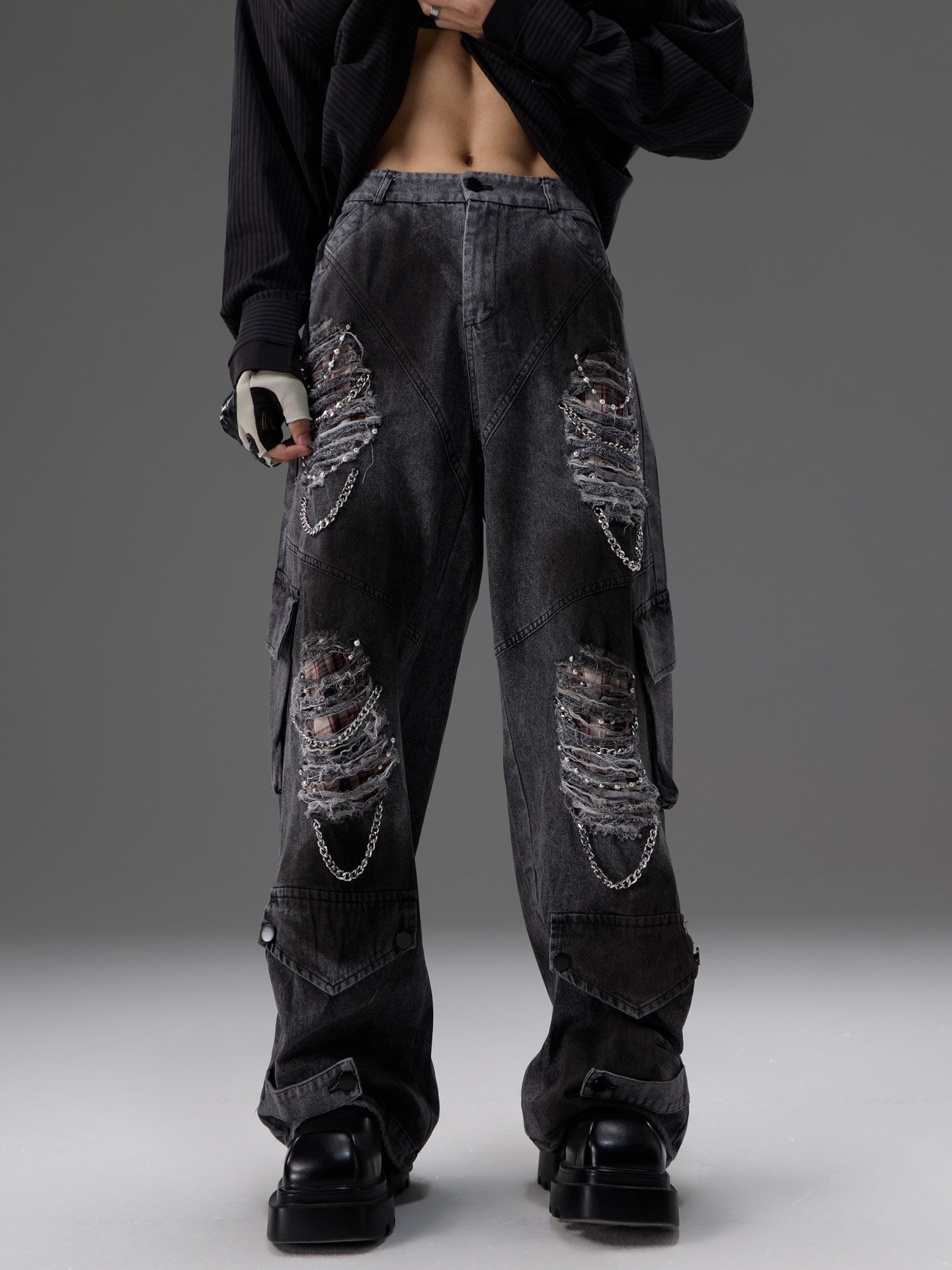 Retro Distressed Denim Jeans With Pearl And Metal Hardware Work Pants