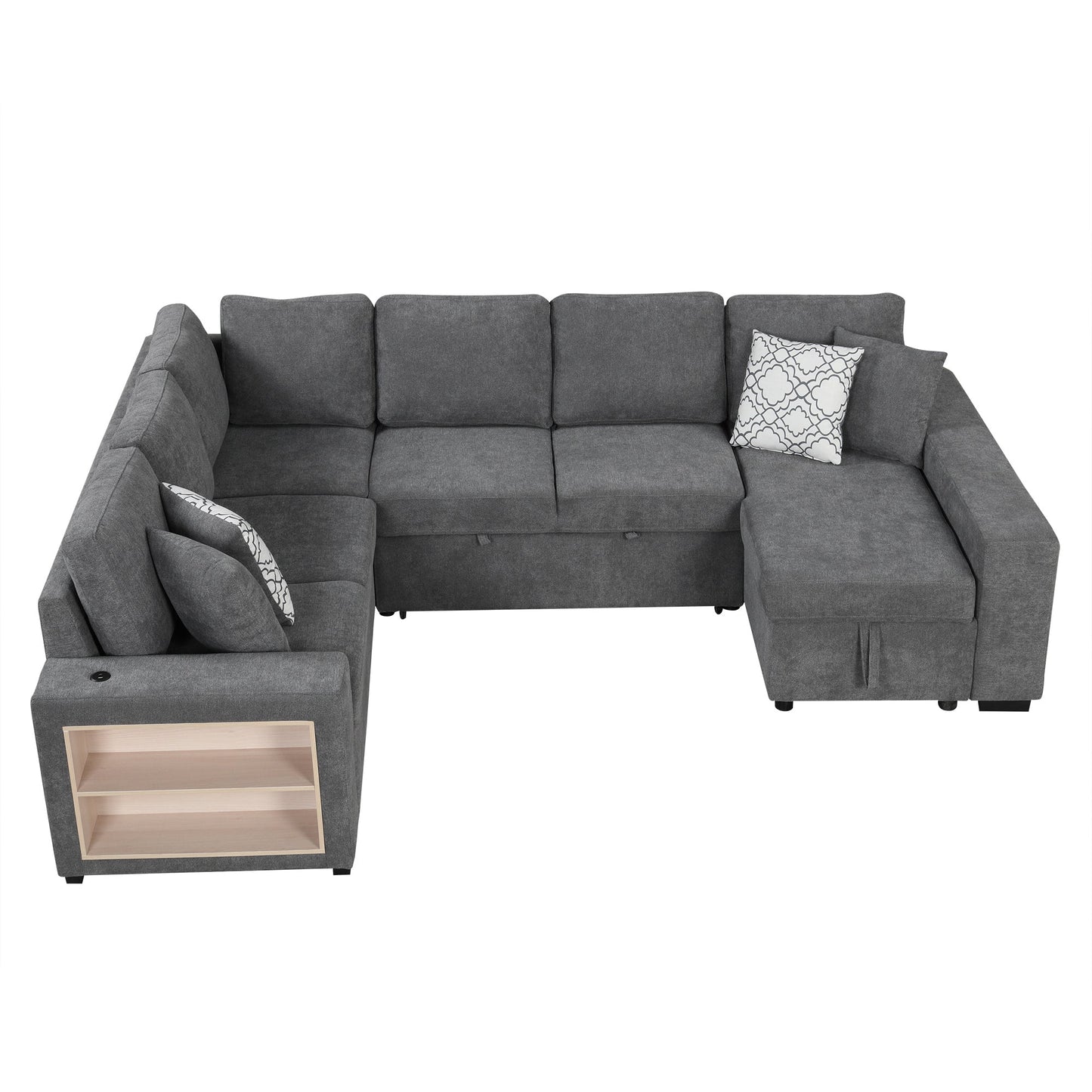 Sectional Sofa U-Shape Chenille Gray 5 Seat USB Ports Pull-Out 109 In
