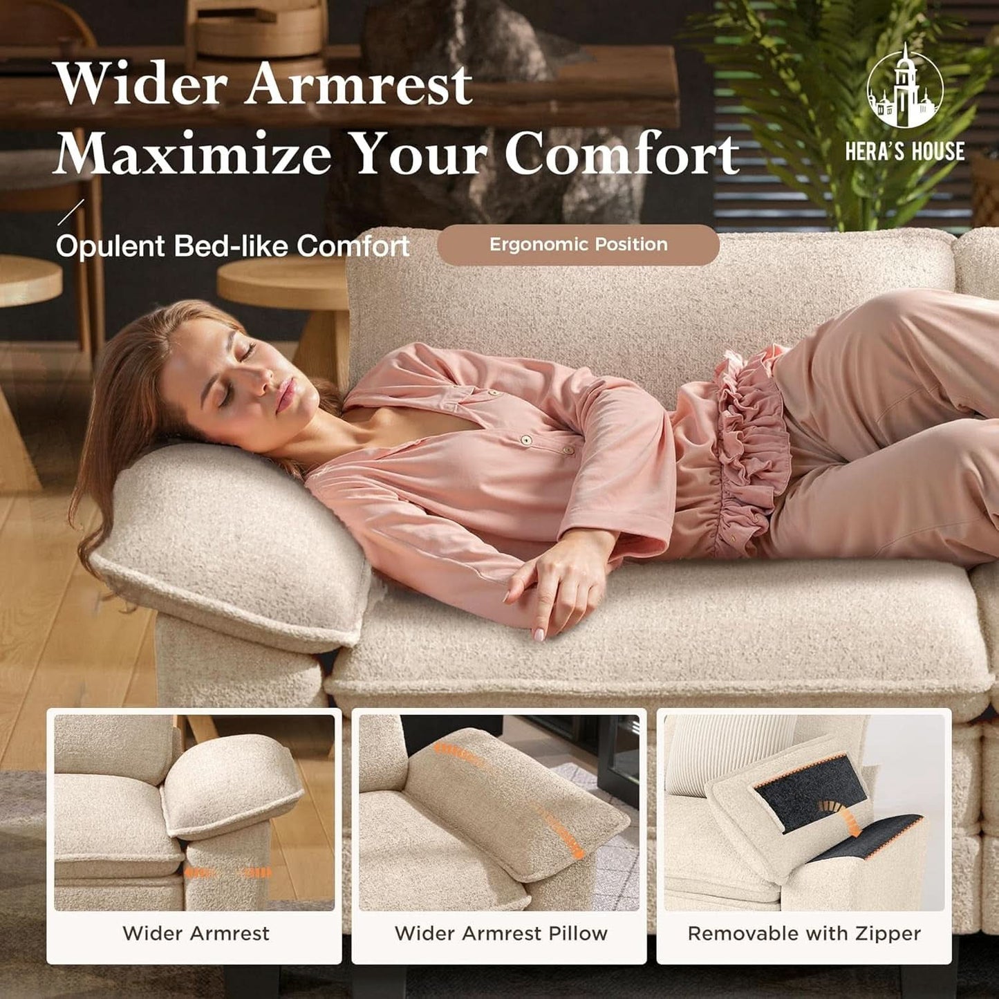124 Inch Chenille Beige Modular Sectional Sofa With Throw Pillows