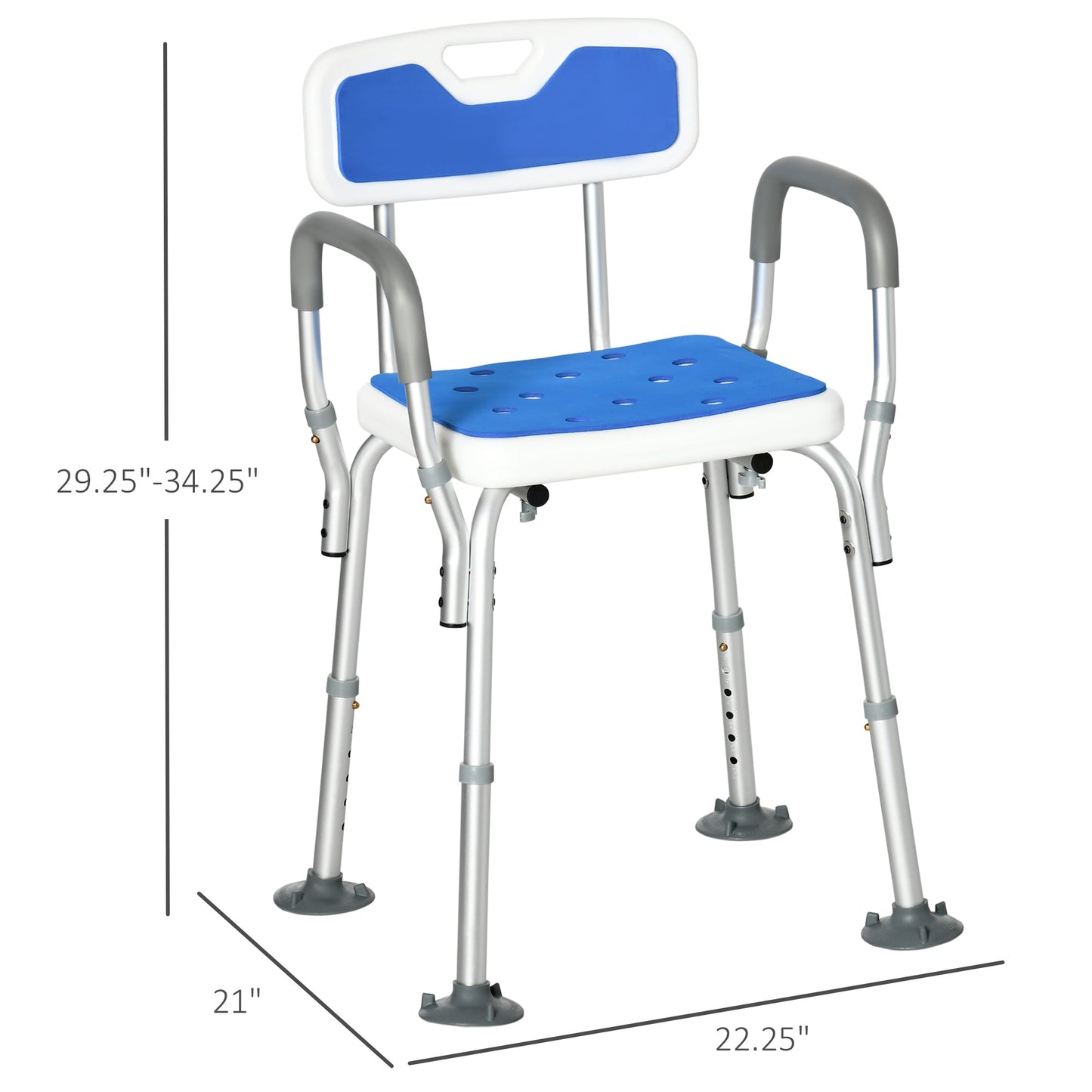 Shower Chair EVA Padded Back Arms Aluminum 299 LB 6-Level Adjustable Blue