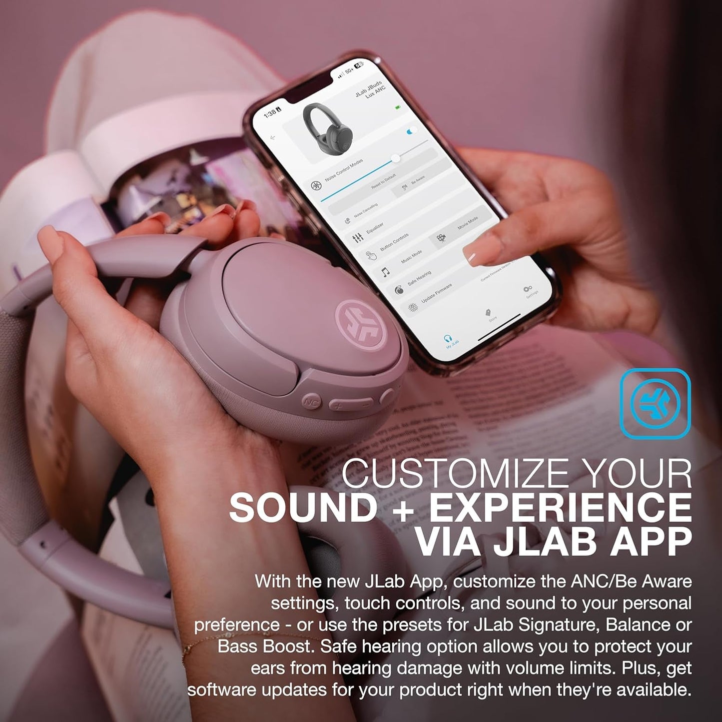 Jlab Jbuds Lux ANC Wireless Headphones, Mauve, Hybrid Active Noise Cancelling, Customizable Sound, Spatial Audio Compatible, Premium Over-Ear Bluetooth Headset