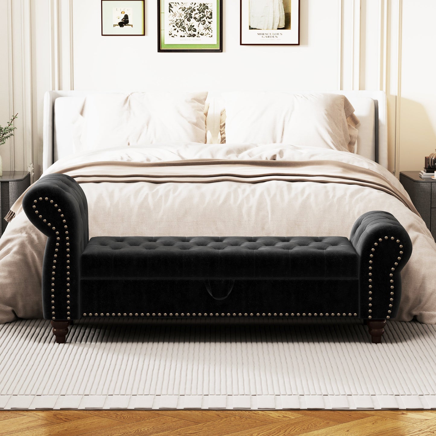 64.5 in Tufted Chaise Lounge Bench with Storage, Velvet Upholstery, Black