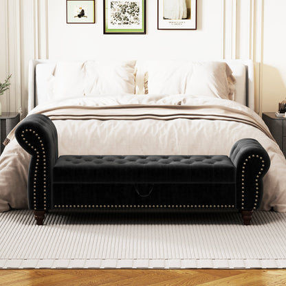 64.5 in Tufted Chaise Lounge Bench with Storage, Velvet Upholstery, Black