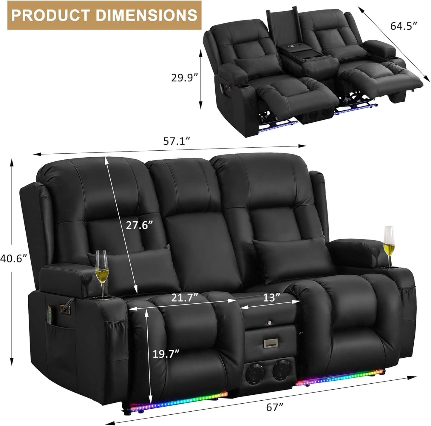 Power Reclining Loveseat With Massage And LED Lighting