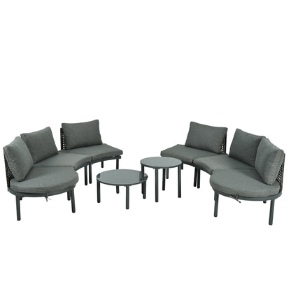 Outdoor Patio Set Half Moon Wicker Aluminum Gray 8 Piece 2 Tables