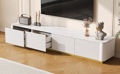 Luxury Fluted White TV Stand Faux Marble Top 4-Drawer 85