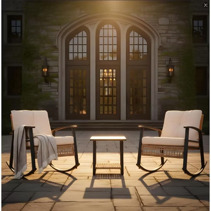 Outdoor Rocking Chair Set Iron Wicker Beige Yellow 3 Piece Table