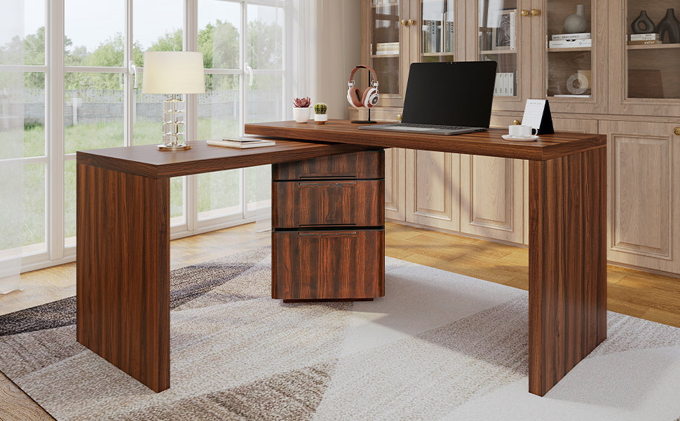 90' Modern L Shaped Desk in Walnut with 3 Drawers,360deg Wood Rotating Desk,Exe...