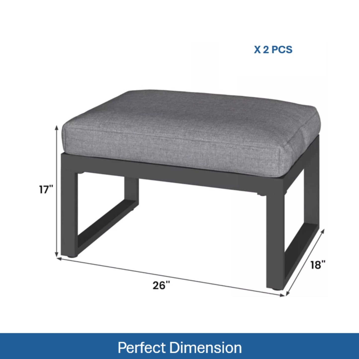Outdoor Ottoman Aluminum Black Gray Cushion Rectangular Set of 2