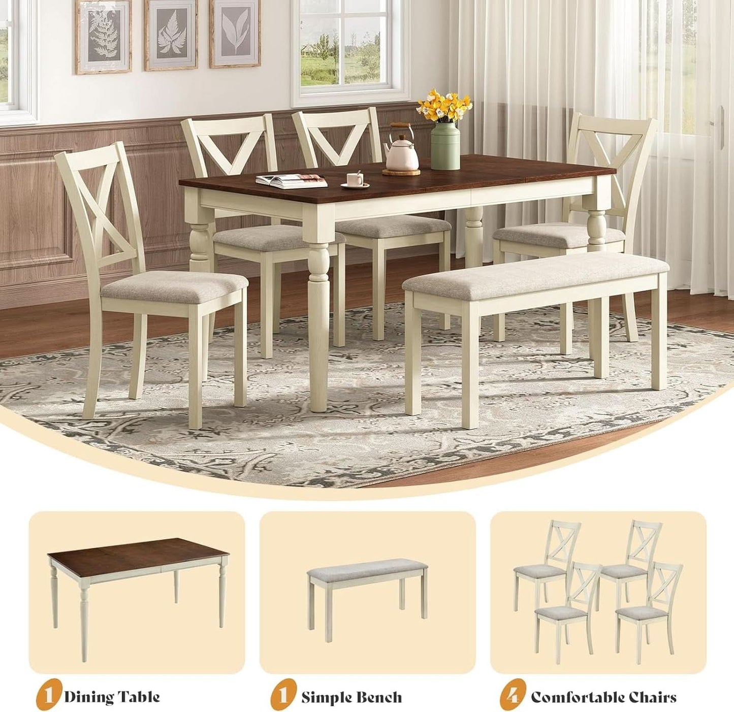 Sixty Inch Solid Wood Walnut Finish Dining Table Set Upholstered Chairs
